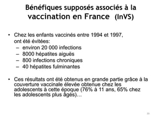Bénéfiques supposés associés à la
vaccination en France (InVS)
• Chez les enfants vaccinés entre 1994 et 1997,
ont été évitées:
– environ 20 000 infections
– 8000 hépatites aiguës
– 800 infections chroniques
– 40 hépatites fulminantes
• Ces résultats ont été obtenus en grande partie grâce à la
couverture vaccinale élevée obtenue chez les
adolescents à cette époque (76% à 11 ans, 65% chez
les adolescents plus âgés)…
39
 