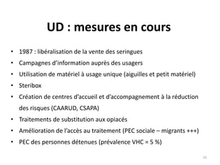 • 1987 : libéralisation de la vente des seringues
• Campagnes d’information auprès des usagers
• Utilisation de matériel à usage unique (aiguilles et petit matériel)
• Steribox
• Création de centres d’accueil et d’accompagnement à la réduction
des risques (CAARUD, CSAPA)
• Traitements de substitution aux opiacés
• Amélioration de l’accès au traitement (PEC sociale – migrants +++)
• PEC des personnes détenues (prévalence VHC = 5 %)
UD : mesures en cours
55
 