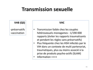 Transmission sexuelle
VHB (QS)
-préservatifs
-vaccination
VHC
• Transmission faible chez les couples
hétérosexuels monogames : 1/190 000
rapports (éviter les rapports traumatisants
et pendant les règles sans préservatifs)
• Plus fréquente chez les HSH infectés par le
VIH dans un contexte de multi partenariat,
traumatiques, plus ou moins associé à la
prise de produits psycho-actifs (SLAM)
• Information ++++
66
 
