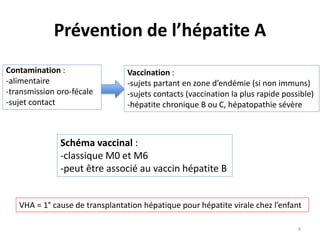 Prévention de l’hépatite A
Contamination :
-alimentaire
-transmission oro-fécale
-sujet contact
Vaccination :
-sujets part...