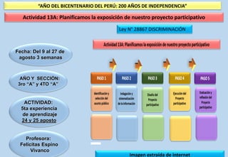 Profesora:
Felícitas Espino
Vivanco
Fecha: Del 9 al 27 de
agosto 3 semanas
ACTIVIDAD:
5ta experiencia
de aprendizaje
24 y 25 agosto
Imagen extraída de internet
“AÑO DEL BICENTENARIO DEL PERÚ: 200 AÑOS DE INDEPENDENCIA”
Actividad 13A: Planificamos la exposición de nuestro proyecto participativo
AÑO Y SECCIÓN:
3ro “A” y 4TO “A”
Ley N° 28867 DISCRIMINACIÓN
 