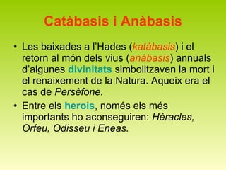 Catàbasis i Anàbasis Les baixades a l’Hades ( katábasis ) i el retorn al món dels vius ( anábasis ) annuals d’algunes  divinitats  simbolitzaven la mort i el renaixement de la Natura. Aqueix era el cas de  Persèfone. Entre els  herois , només els més importants ho aconseguiren:  Hèracles, Orfeu, Odisseu i   Eneas.  