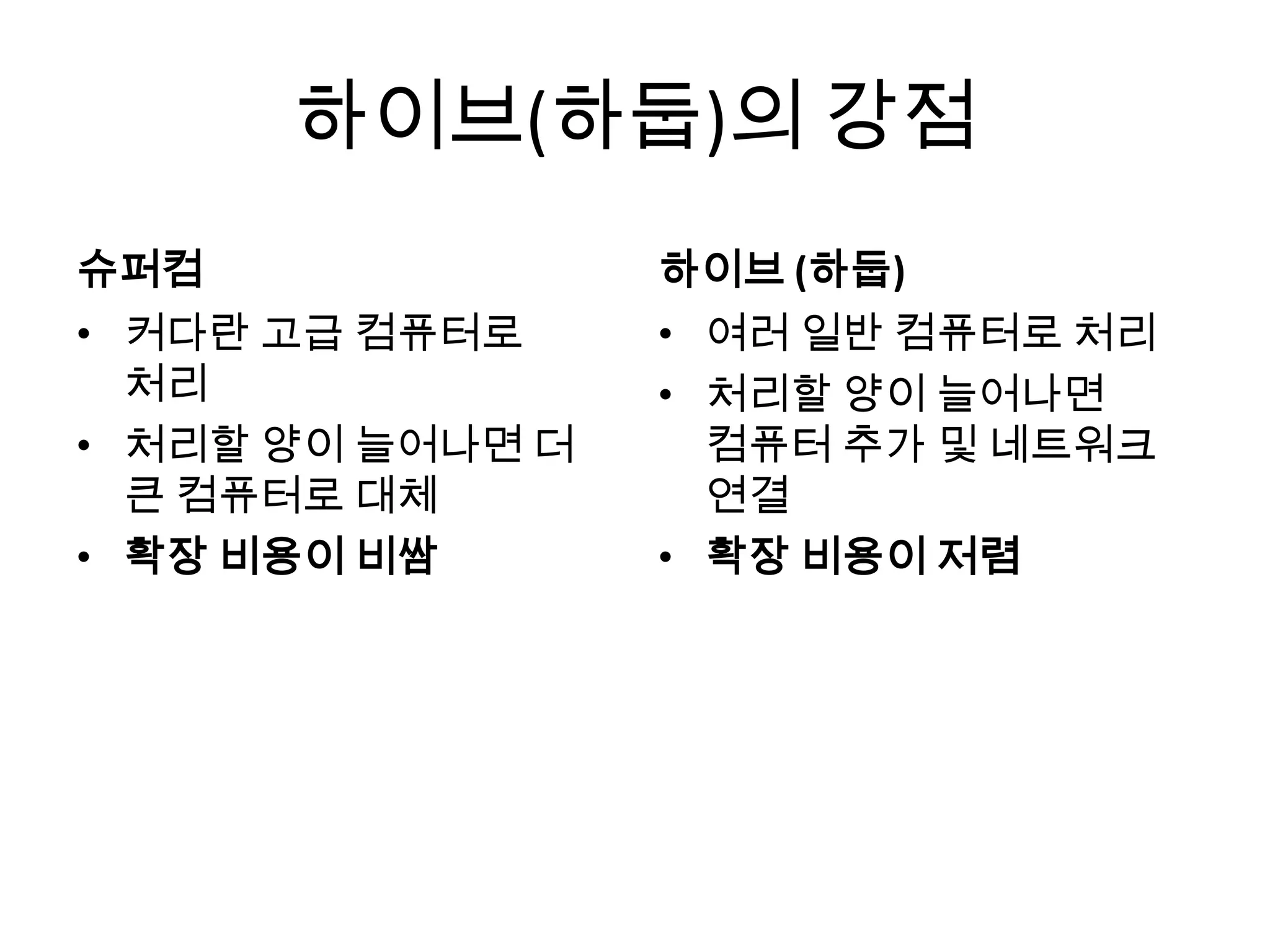 하이브(하둡)의 강점
슈퍼컴 하이브 (하둡)
• 여러 일반 컴퓨터로 처리
• 처리할 양이 늘어나면
컴퓨터 추가 및 네트워크
연결
• 확장 비용이 저렴
• 커다란 고급 컴퓨터로
처리
• 처리할 양이 늘어나면 더
큰 컴퓨터로 대체
• 확장 비용이 비쌈
 