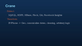 Crane Extract MySQL, HDFS, HBase, Flock, GA, Facebook Insights Transform IP/Phone -> Geo, canonicalize dates, cleaning, arbitrary logic 