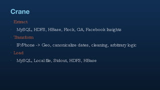 Crane Extract MySQL, HDFS, HBase, Flock, GA, Facebook Insights Transform IP/Phone -> Geo, canonicalize dates, cleaning, arbitrary logic Load MySQL, Local file, Stdout, HDFS, HBase 