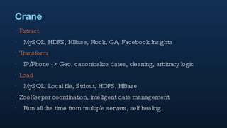 Crane Extract MySQL, HDFS, HBase, Flock, GA, Facebook Insights Transform IP/Phone -> Geo, canonicalize dates, cleaning, arbitrary logic Load MySQL, Local file, Stdout, HDFS, HBase  ZooKeeper coordination, intelligent date management Run all the time from multiple servers, self healing 
