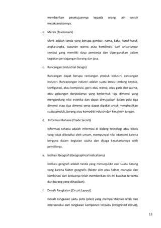 13 
memberikan pesetujuannya kepada orang lain untuk 
melaksanakannya. 
b. Merek (Trademark) 
Merk adalah tanda yang berupa gambar, nama, kata, huruf-huruf, 
angka-angka, susunan warna atau kombinasi dari unsur-unsur 
tersbut yang memiliki daya pembeda dan dipergunakan dalam 
kegiatan perdagangan barang dan jasa. 
c. Rancangan (Industrial Design) 
Rancangan dapat berupa rancangan produk industri, rancangan 
industri. Rancanangan industri adalah suatu kreasi tentang bentuk, 
konfigurasi, atau komposisi, garis atau warna, atau garis dan warna, 
atau gabungan daripadanya yang berbentuk tiga dimensi yang 
mengandung nilai estetika dan dapat diwujudkan dalam pola tiga 
dimensi atau dua dimensi serta dapat dipakai untuk menghasilkan 
suatu produk, barang atau komoditi industri dan kerajinan tangan. 
d. Informasi Rahasia (Trade Secret) 
Informasi rahasia adalah informasi di bidang teknologi atau bisnis 
yang tidak diketahui oleh umum, mempunyai nilai ekonomi karena 
berguna dalam kegiatan usaha dan dijaga kerahasiannya oleh 
pemiliknya. 
e. Indikasi Geografi (Geographical Indications) 
Indikasi geografi adalah tanda yang menunjukkn asal suatu barang 
yang karena faktor geografis (faktor alm atau faktor manusia dan 
kombinasi dari keduanya telah memberikan ciri dri kualitas tertentu 
dari barang yang dihasilkan). 
f. Denah Rangkaian (Circuit Layout) 
Denah rangkaian yaitu peta (plan) yang memperlihatkan letak dan 
interkoneksi dari rangkaian komponen terpadu (integrated circuit), 
 