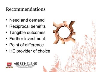 Recommendations
• Need and demand
• Reciprocal benefits
• Tangible outcomes
• Further investment
• Point of difference
• HE provider of choice
 
