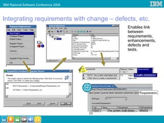 IBM Rational Software Conference 2009



Integrating requirements with change – defects, etc.
                                            Enables link
                                            between
                                            requirements,
                                            enhancements,
                                            defects and
                                            tests.
 