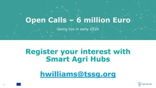 14
Register your interest with
Smart Agri Hubs
hwilliams@tssg.org
Open Calls – 6 million Euro
Going live in early 2020
 