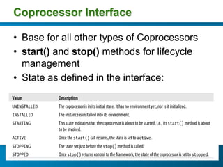 Coprocessor Interface

•  Base for all other types of Coprocessors
•  start() and stop() methods for lifecycle
   management
•  State as defined in the interface:
 