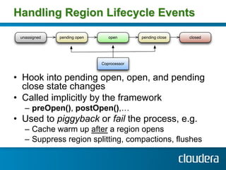 Handling Region Lifecycle Events




•  Hook into pending open, open, and pending
   close state changes
•  Called implici...