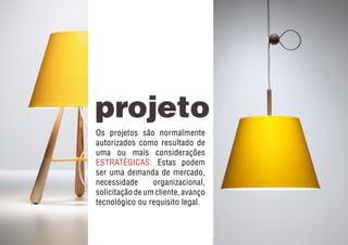 Os projetos são normalmente
autorizados como resultado de
uma ou mais considerações
ESTRATÉGICAS. Estas podem
ser uma demanda de mercado,
necessidade organizacional,
solicitação de um cliente, avanço
tecnológico ou requisito legal.
 