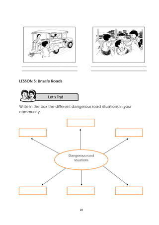 20 
 
LESSON 5: Unsafe Roads
Write in the box the different dangerous road situations in your
community.
Let’s Try! 
______________________________________ 
______________________________________ 
______________________________________ 
______________________________________ 
Dangerous road
situations 
 