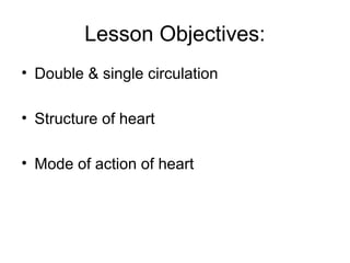 Lesson Objectives:
• Double & single circulation
• Structure of heart
• Mode of action of heart
 