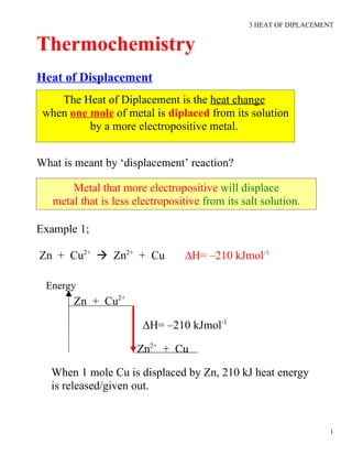 3 HEAT OF DIPLACEMENT


Thermochemistry
Heat of Displacement
    The Heat of Diplacement is the heat change
 when one mole of metal is diplaced from its solution
          by a more electropositive metal.


What is meant by ‘displacement’ reaction?

       Metal that more electropositive will displace
   metal that is less electropositive from its salt solution.

Example 1;

Zn + Cu2+  Zn2+ + Cu             ∆H= –210 kJmol-1

 Energy
        Zn + Cu2+

                        ∆H= –210 kJmol-1

                      Zn2+ + Cu

   When 1 mole Cu is displaced by Zn, 210 kJ heat energy
   is released/given out.


                                                                     1
 