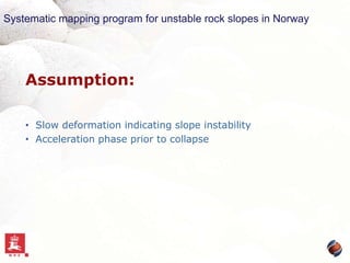 Systematic mapping program for unstable rock slopes in Norway

Tafjord 1934

Assumption:
• Slow deformation indicating slope instability
• Acceleration phase prior to collapse

 