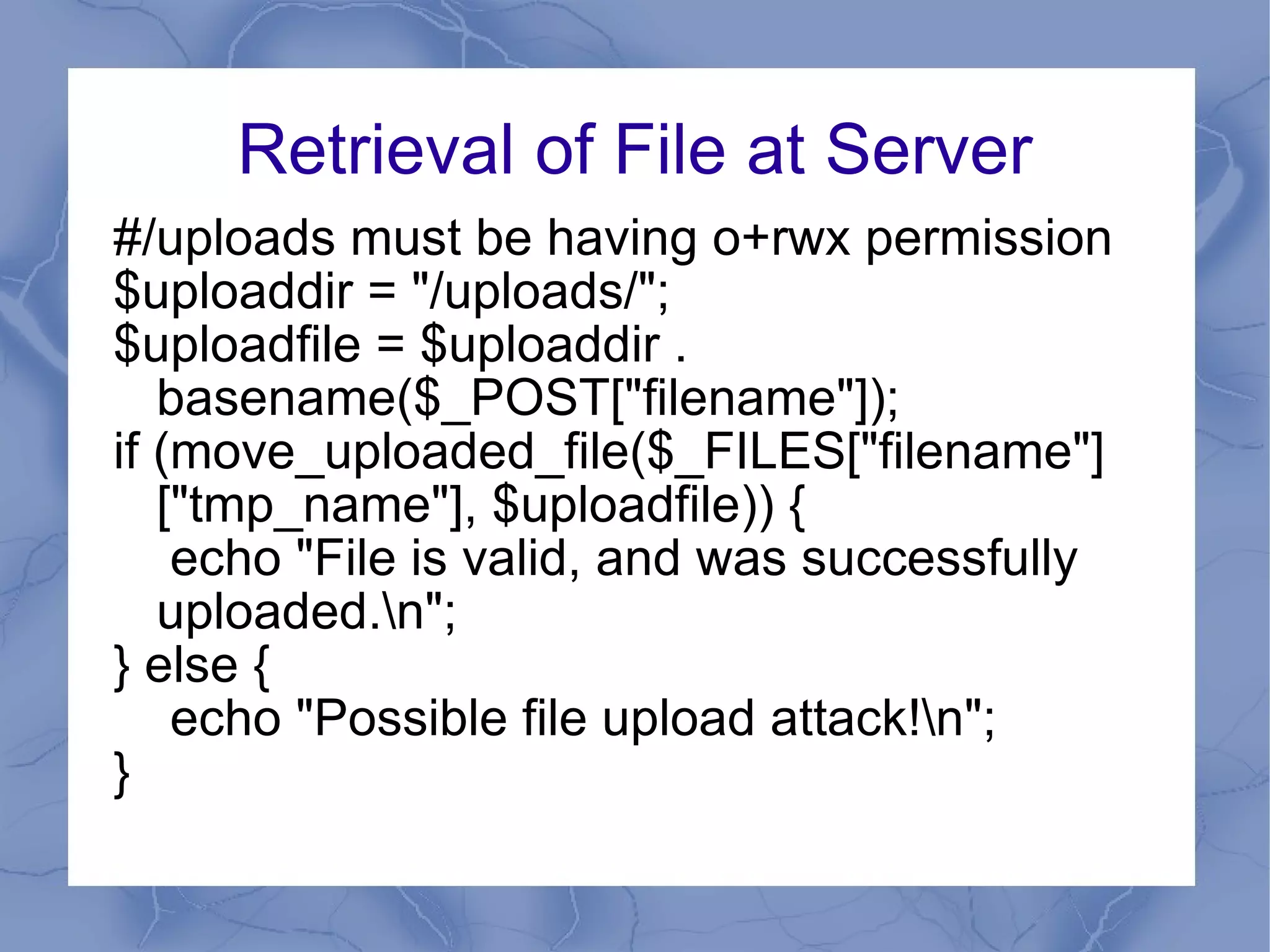Required Configuration in /etc/php.ini File ;file_uploads must be On file_uploads = On ; Temporary directory for HTTP uploaded files (will use system default if not specified). upload_tmp_dir =/tmp ; Maximum allowed size for uploaded files. upload_max_filesize = 2M 
