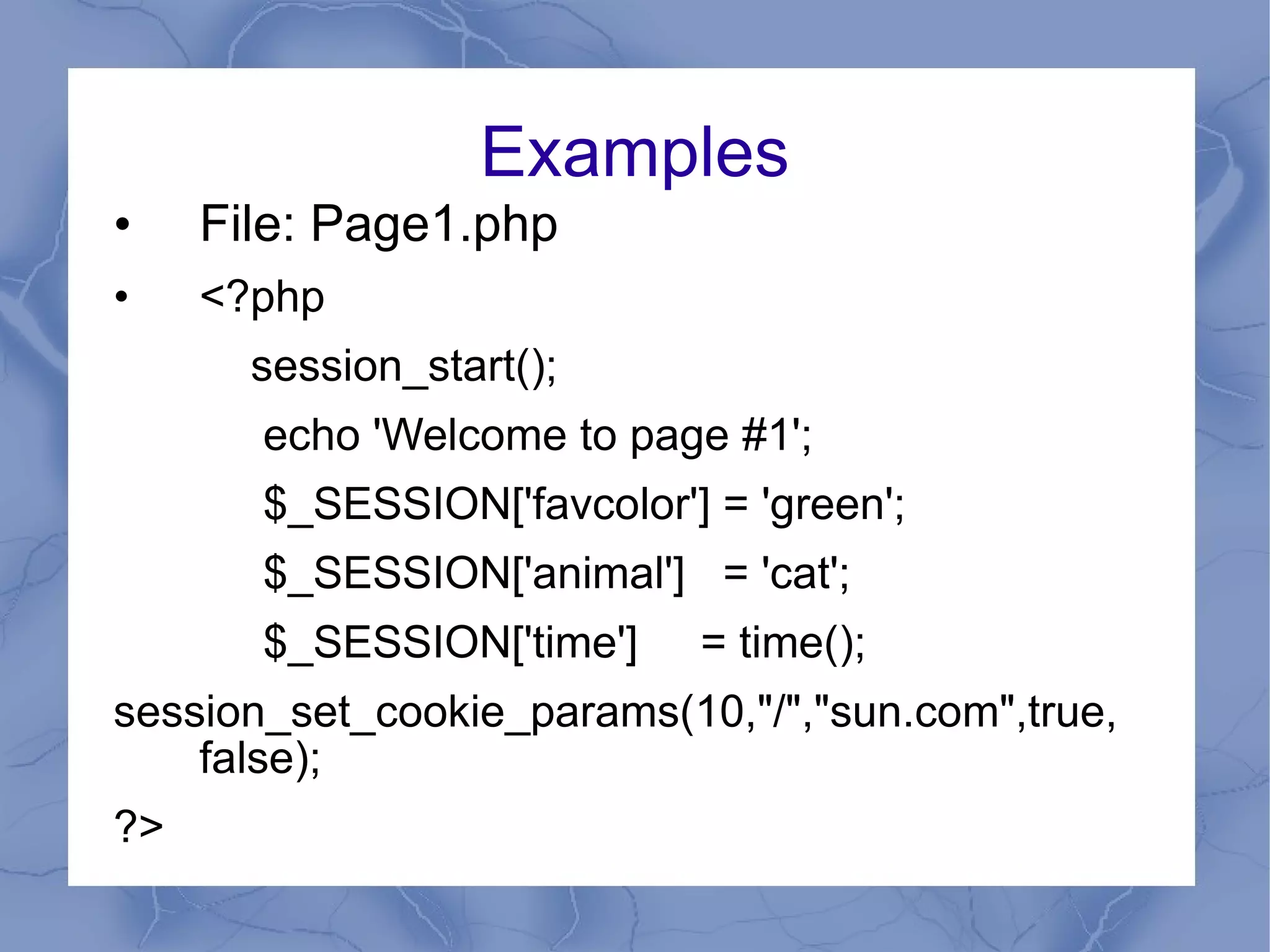 Session Functions [2] session_cache_expire — Return current cache expire session_cache_limiter — Get and/or set the current cache limiter session_commit — Alias of session_write_close session_decode — Decodes session data from a string session_destroy — Destroys all data registered to a session session_encode — Encodes the current session data as a string session_get_cookie_params — Get the session cookie parameters session_id — Get and/or set the current session id session_is_registered — Find out whether a global variable is registered in a session session_module_name — Get and/or set the current session module session_name — Get and/or set the current session name session_regenerate_id — Update the current session id with a newly generated one session_register — Register one or more global variables with the current session session_save_path — Get and/or set the current session save path session_set_cookie_params — Set the session cookie parameters session_set_save_handler — Sets user-level session storage functions session_start — Initialize session data session_unregister — Unregister a global variable from the current session session_unset — Free all session variables session_write_close — Write session data and end session 
