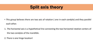 • This group believes there are two axis of rotation ( one in each condyle) and they parallel
each other.
1. The horizontal axis is a hypothetical line connecting the two horizontal rotation centers of
the two condyles of the mandible.
2. There is one hinge location!
Split axis theory
 