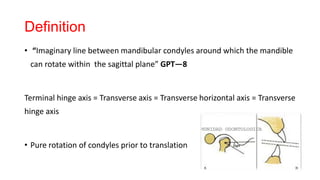 Definition
• “Imaginary line between mandibular condyles around which the mandible
can rotate within the sagittal plane” GPT—8
Terminal hinge axis = Transverse axis = Transverse horizontal axis = Transverse
hinge axis
• Pure rotation of condyles prior to translation
 