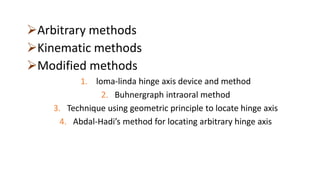 Arbitrary methods
Kinematic methods
Modified methods
1. loma-linda hinge axis device and method
2. Buhnergraph intraoral method
3. Technique using geometric principle to locate hinge axis
4. Abdal-Hadi’s method for locating arbitrary hinge axis
 