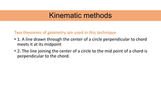 Two theorems of geometry are used in this technique
• 1. A line drawn through the center of a circle perpendicular to chord
meets it at its midpoint
• 2. The line joining the center of a circle to the mid point of a chord is
perpendicular to the chord.
Kinematic methods
 