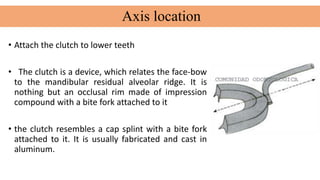 • Attach the clutch to lower teeth
• The clutch is a device, which relates the face-bow
to the mandibular residual alveolar ridge. It is
nothing but an occlusal rim made of impression
compound with a bite fork attached to it
• the clutch resembles a cap splint with a bite fork
attached to it. It is usually fabricated and cast in
aluminum.
Axis location
 