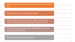 Attach cross bar to clutch and side arms with stylus to cross
bar
Guide mandible to terminal hinge closure
Observe the movements of stylus. When stylus rotates
without arching movements indicates hinge axis point
At terminal hinge closure stylus should make contact on
skin to transfer ink mark.
The two marks are hinge axis points
 