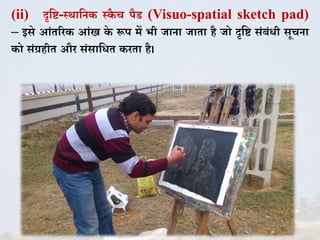 (ii) दृकि-स्थाकन स् ै च पैड (Visuo-spatial sketch pad)
– इसे आिंतरर आिंख े रूप में भी जाना जाता है जो दृकि सिंबिंिी सूचना
ो सिंग्रहीत और सिंसाकित रता है।
 