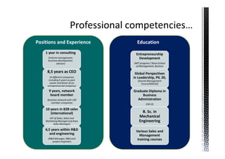 Positions and Experience            Education
    1 year in consulting           Entrepreneurship
      (interim management,           Development
      business development,
              advisor)            (MIT program / Sloan School
                                   of Management, Boston)

     8,5 years as CEO              Global Perspectives
       (4 different companies     in Leadership, PIL 20,
      including 5 years as part      (Danish Management
       owner and driver of an           Forum/INSEAD)
     entrepreneurial company)
      9 years, network            Graduate Diploma in
       board member                    Business
     Business network with 140      Administration
        member companies                    (HD-O)
    10 years in B2B sales
       (international)                  B. Sc. in
      (VP of Sales, Sales and
                                      Mechanical
    Marketing Manager and Area        Engineering
          Sales Manager)

    6,5 years within R&D           Various Sales and
       and engineering               Management
      (R&D Manager, R&D and         training courses
         project engineer)
 