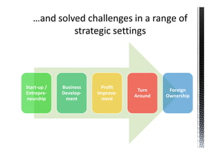 …and solved challenges in a range of
            strategic settings




Start-up /   Business     Profit
                                    Turn     Foreign
Entrepre-    Develop-   Improve-
                                   Around   Ownership
neurship      ment        ment
 