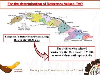 For the determination of Reference Values (RV):
Samples: 35 Reference Profiles along
the country (0-20 cm)
The profiles were selected
considering the Map escale 1: 25 000,
in areas with no anthropic activity
 