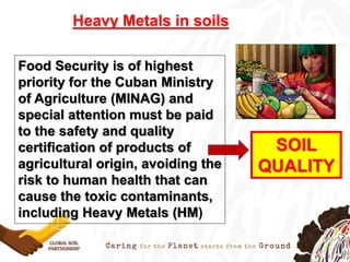 Heavy Metals in soils
Food Security is of highest
priority for the Cuban Ministry
of Agriculture (MINAG) and
special attention must be paid
to the safety and quality
certification of products of
agricultural origin, avoiding the
risk to human health that can
cause the toxic contaminants,
including Heavy Metals (HM)
SOIL
QUALITY
 