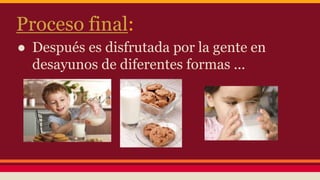 Proceso final:
● Después es disfrutada por la gente en
desayunos de diferentes formas ...
 