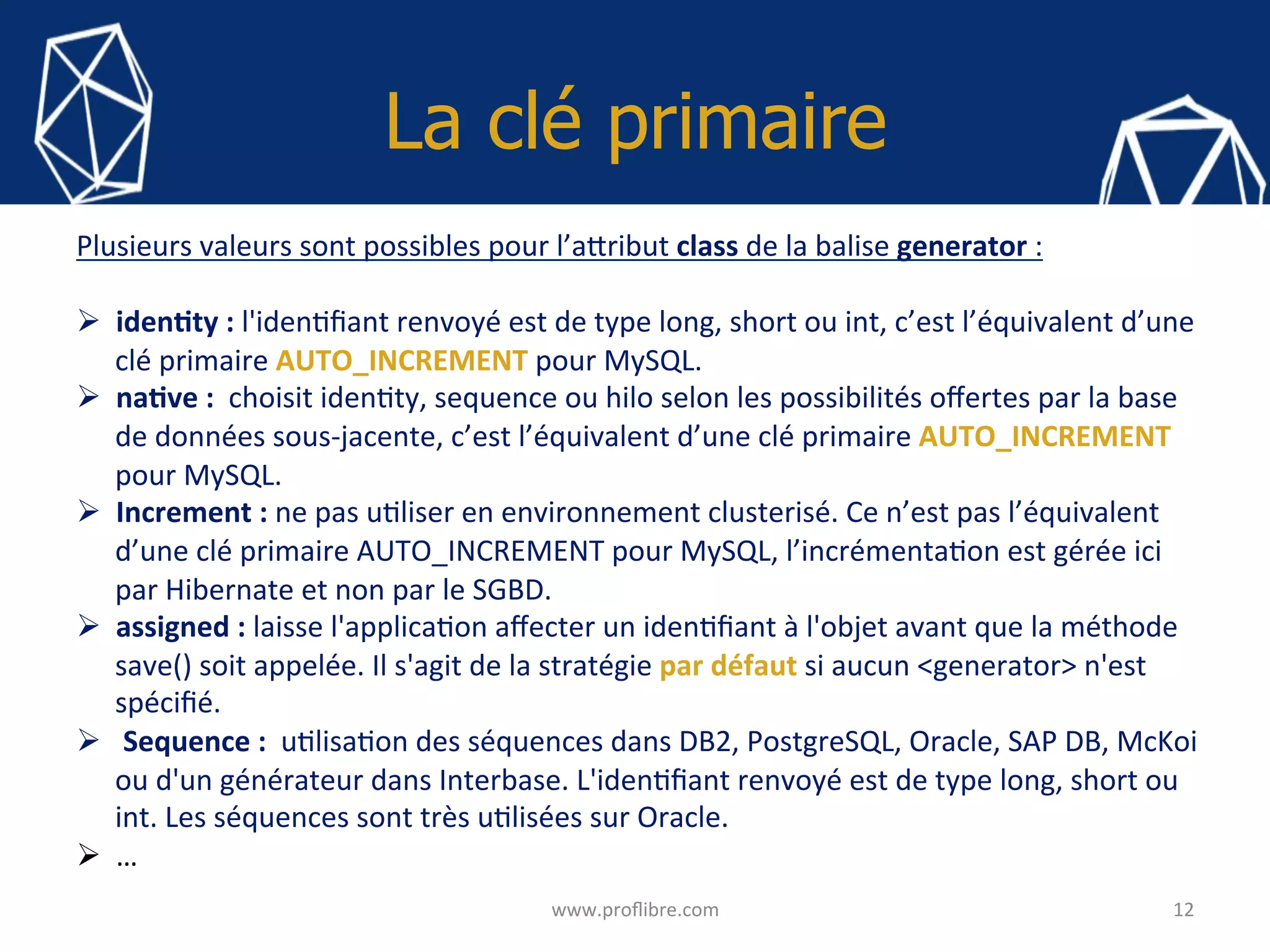 La clé primaire
12	www.proﬂibre.com	
	
Plusieurs	valeurs	sont	possibles	pour	l’a?ribut	class	de	la	balise	generator	:	
	
Ø  iden?ty	:	l'iden<ﬁant	renvoyé	est	de	type	long,	short	ou	int,	c’est	l’équivalent	d’une	
clé	primaire	AUTO_INCREMENT	pour	MySQL.	
Ø  na?ve	:		choisit	iden<ty,	sequence	ou	hilo	selon	les	possibilités	oﬀertes	par	la	base	
de	données	sous-jacente,	c’est	l’équivalent	d’une	clé	primaire	AUTO_INCREMENT	
pour	MySQL.	
Ø  Increment	:	ne	pas	u<liser	en	environnement	clusterisé.	Ce	n’est	pas	l’équivalent	
d’une	clé	primaire	AUTO_INCREMENT	pour	MySQL,	l’incrémenta<on	est	gérée	ici	
par	Hibernate	et	non	par	le	SGBD.	
Ø  assigned	:	laisse	l'applica<on	aﬀecter	un	iden<ﬁant	à	l'objet	avant	que	la	méthode	
save()	soit	appelée.	Il	s'agit	de	la	stratégie	par	défaut	si	aucun	<generator>	n'est	
spéciﬁé.	
Ø  	Sequence	:		u<lisa<on	des	séquences	dans	DB2,	PostgreSQL,	Oracle,	SAP	DB,	McKoi	
ou	d'un	générateur	dans	Interbase.	L'iden<ﬁant	renvoyé	est	de	type	long,	short	ou	
int.	Les	séquences	sont	très	u<lisées	sur	Oracle.	
Ø  …	
 