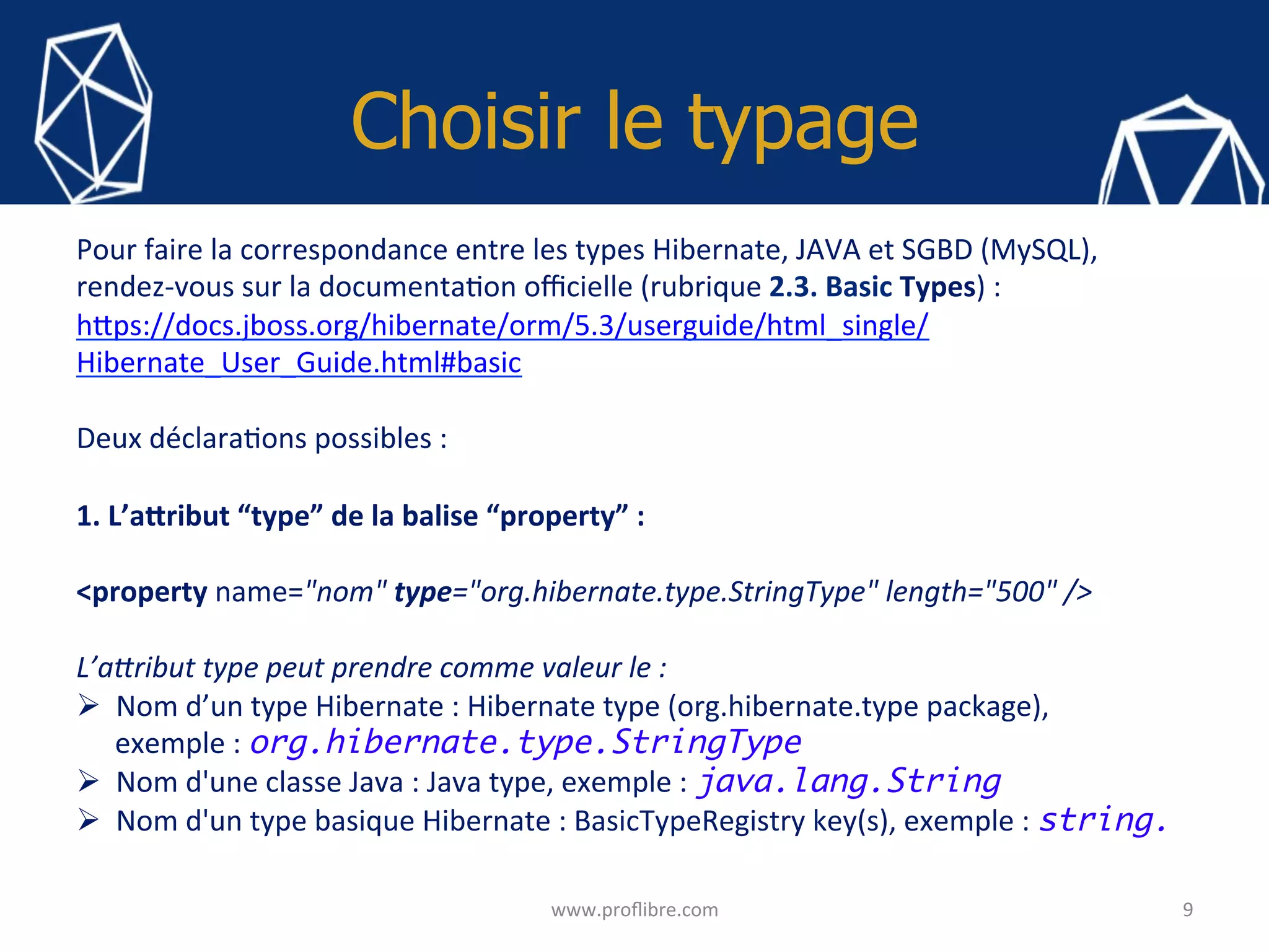 Choisir le typage
9	www.proﬂibre.com	
Pour	faire	la	correspondance	entre	les	types	Hibernate,	JAVA	et	SGBD	(MySQL),	
rendez-vous	sur	la	documenta<on	oﬃcielle	(rubrique	2.3.	Basic	Types)	:	
h?ps://docs.jboss.org/hibernate/orm/5.3/userguide/html_single/
Hibernate_User_Guide.html#basic	
	
Deux	déclara<ons	possibles	:	
	
1.	L’aYribut	“type”	de	la	balise	“property”	:	
	
<property	name="nom"	type="org.hibernate.type.StringType"	length="500"	/>	
	
L’aNribut	type	peut	prendre	comme	valeur	le	:	
Ø  Nom	d’un	type	Hibernate	:	Hibernate	type	(org.hibernate.type	package),	
exemple	:	org.hibernate.type.StringType	
Ø  Nom	d'une	classe	Java	:	Java	type,	exemple	:	java.lang.String	
Ø  Nom	d'un	type	basique	Hibernate	:	BasicTypeRegistry	key(s),	exemple	:	string.	
	
 