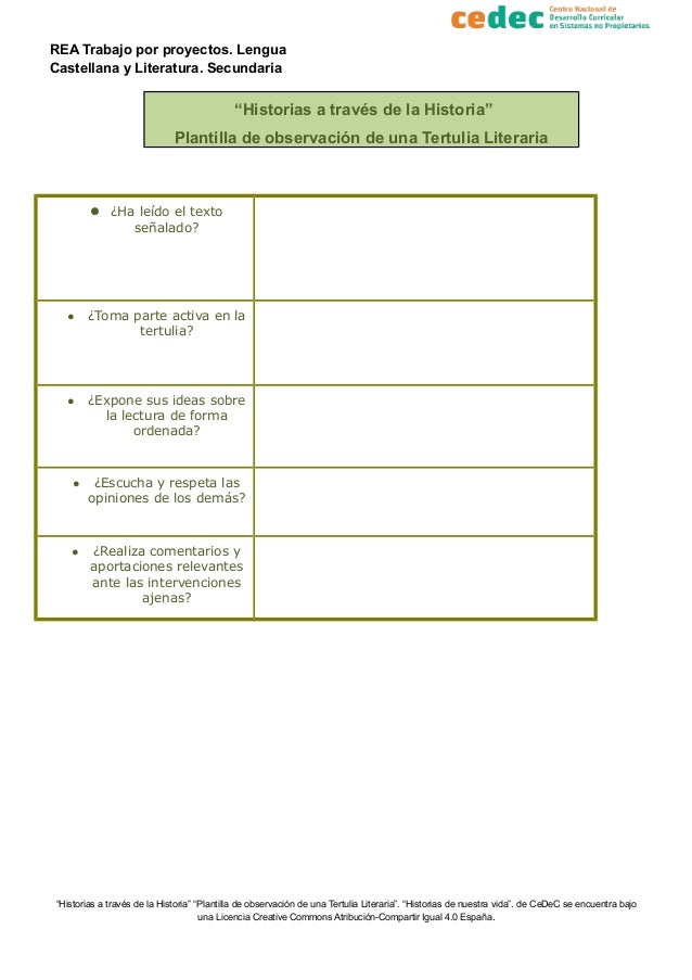 REA Trabajo por proyectos. Lengua
Castellana y Literatura. Secundaria
“Historias a través de la Historia”
Plantilla de obs...