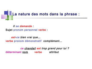 La nature des mots dans la phrase :


      Il se demande :
Sujet pronom personnel verbe :

    est-ce bien vrai que…
verbe pronom démonstratif complément…

          ce chandail est trop grand pour lui ?
déterminant nom     verbe       attribut
 