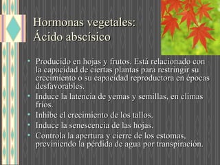 Hormonas vegetales:Hormonas vegetales:
Ácido abscísicoÁcido abscísico
• Producido en hojas y frutos. Está relacionado conProducido en hojas y frutos. Está relacionado con
la capacidad de ciertas plantas para restringir sula capacidad de ciertas plantas para restringir su
crecimiento o su capacidad reproductora en épocascrecimiento o su capacidad reproductora en épocas
desfavorables.desfavorables.
• Induce la latencia de yemas y semillas, en climasInduce la latencia de yemas y semillas, en climas
fríos.fríos.
• Inhibe el crecimiento de los tallos.Inhibe el crecimiento de los tallos.
• Induce la senescencia de las hojas.Induce la senescencia de las hojas.
• Controla la apertura y cierre de los estomas,Controla la apertura y cierre de los estomas,
previniendo la pérdida de agua por transpiración.previniendo la pérdida de agua por transpiración.
 