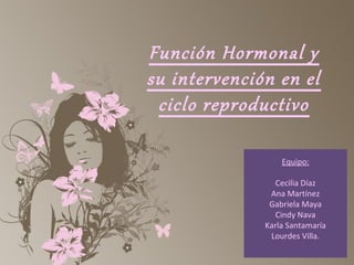 Función Hormonal y
su intervención en el
ciclo reproductivo
Equipo:
Cecilia Díaz
Ana Martínez
Gabriela Maya
Cindy Nava
Karla Santamaría
Lourdes Villa.
 