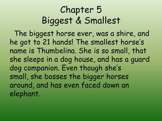 Chapter 5
         Biggest & Smallest
 The biggest horse ever, was a shire, and
he got to 21 hands! The smallest horse’s
name is Thumbelina. She is so small, that
she sleeps in a dog house, and has a guard
dog companion. Even though she’s
small, she bosses the bigger horses
around, and has even faced down an
elephant.
 