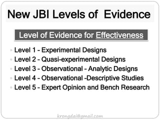 New JBI Levels of Evidence
 Level 1 – Experimental Designs
 Level 2 – Quasi-experimental Designs
 Level 3 – Observational – Analytic Designs
 Level 4 – Observational –Descriptive Studies
 Level 5 – Expert Opinion and Bench Research
Level of Evidence for Effectiveness
krongdai@gmail.com
 