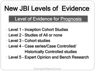 New JBI Levels of Evidence
 Level 1 – Inception Cohort Studies
 Level 2 – Studies of All or none
 Level 3 – Cohort studies
 Level 4 – Case series/Case Controlled/
Historically Controlled studies
 Level 5 – Expert Opinion and Bench Research
Level of Evidence for Prognosis
krongdai@gmail.com
 
