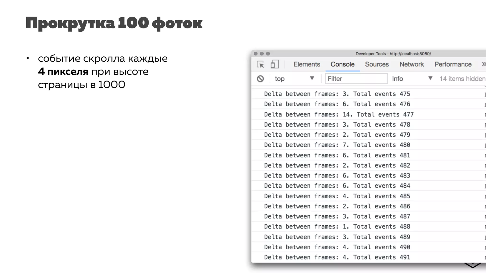 Прокрутка 100 фоток
• событие скролла каждые
4 пикселя при высоте
страницы в 1000
 