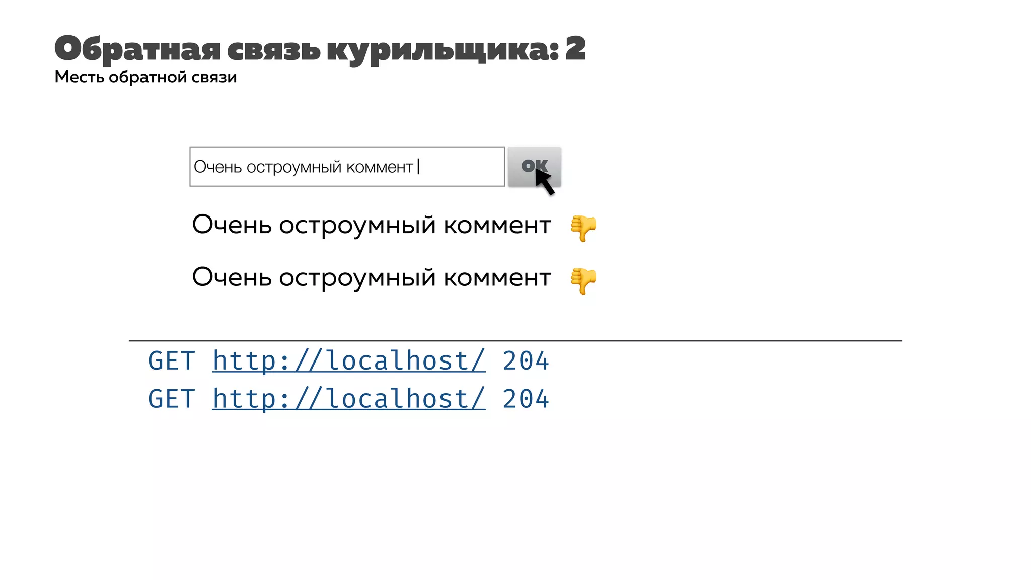 Обратная связь курильщика: 2
GET http: //localhost/ 204
Месть обратной связи
GET http: //localhost/ 204
Очень остроумный коммент| OK
Очень остроумный коммент
Очень остроумный коммент 👎
👎
 