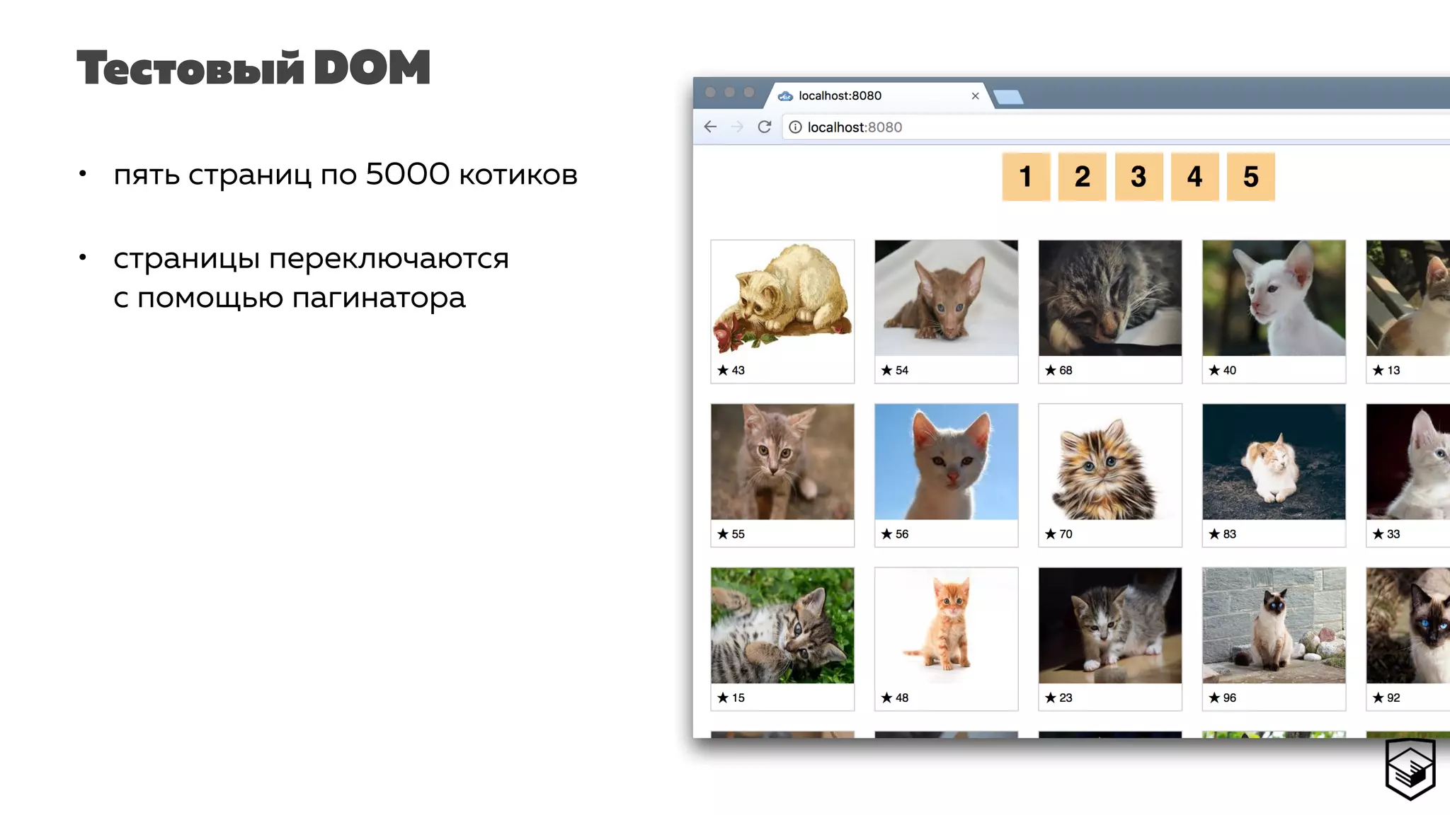 Тестовый DOM
• пять страниц по 5000 котиков
• страницы переключаются
с помощью пагинатора
 