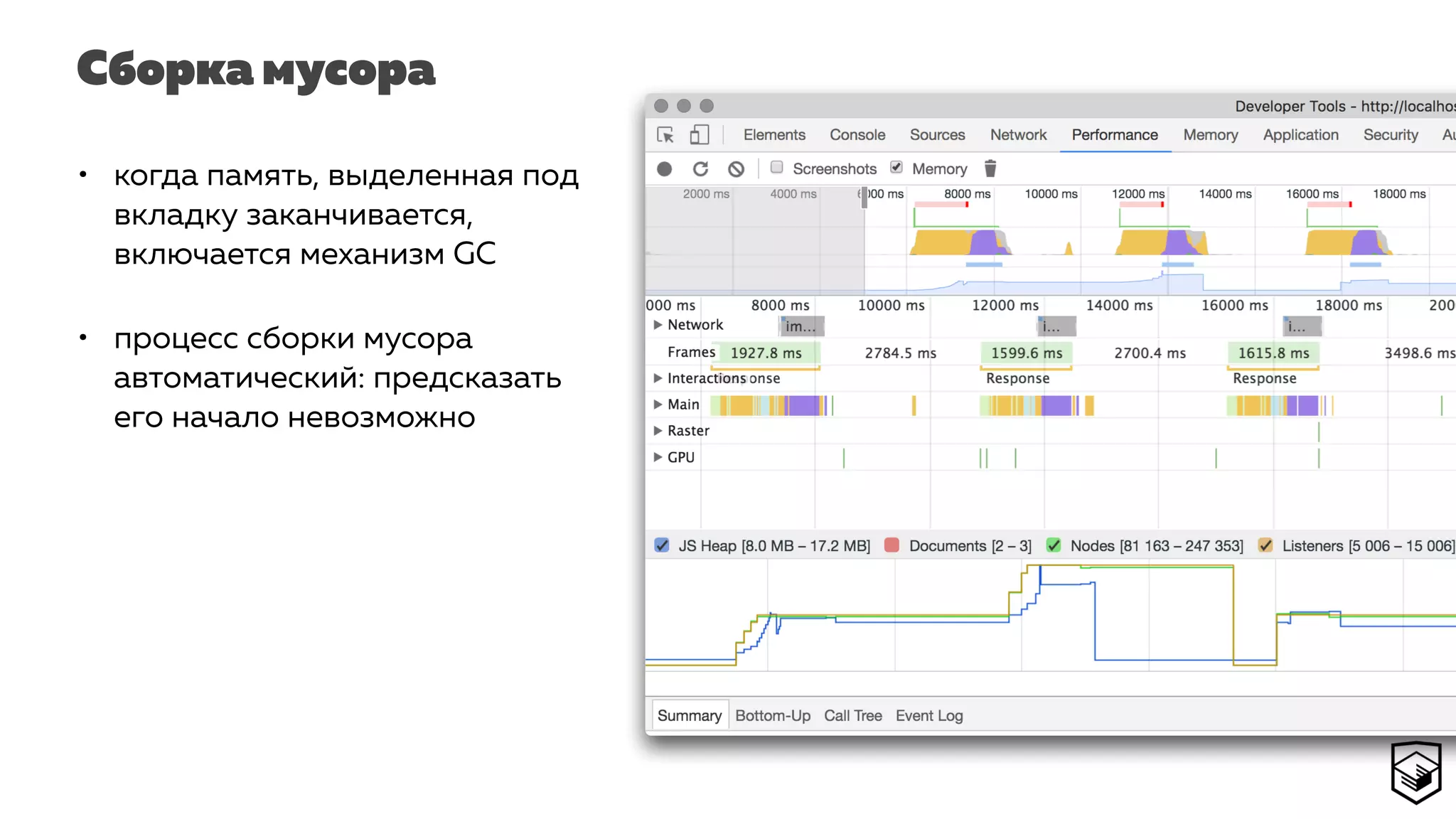 Сборка мусора
• когда память, выделенная под
вкладку заканчивается,
включается механизм GC
• процесс сборки мусора
автоматический: предсказать
его начало невозможно
 