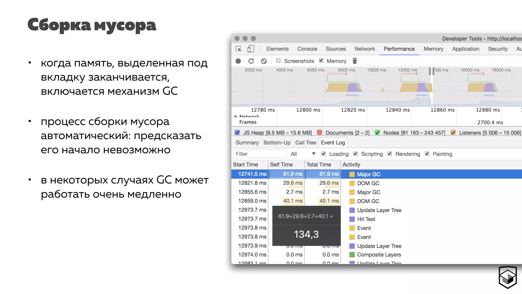 Сборка мусора
• когда память, выделенная под
вкладку заканчивается,
включается механизм GC
• процесс сборки мусора
автоматический: предсказать
его начало невозможно
• в некоторых случаях GC может
работать очень медленно
 