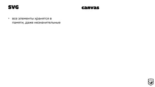 SVG
• все элементы хранятся в
памяти, даже незначительные
canvas
 